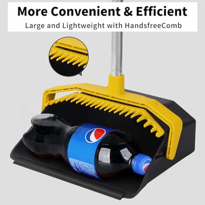 Tiumso Broom with Dustpan Combo Set, Brooms and Dustpans Sets with 51'' Long Handle, Large Dust Pan and Broom, Self-Cleaning Dustpan Teeth for Lobby Kitchen Office - Black and Yellow - color: Yellow and Black