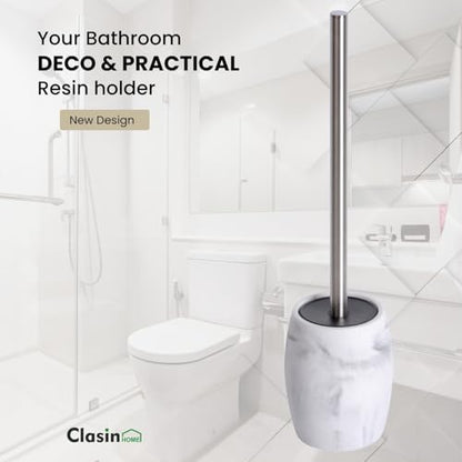 Clasin Home Toilet Bowl Brush and Holder with Stainless Steel Long Handle, Toilet Scrubber Brush with Durable Base, 360° Deep Cleaning Bristles for Bathroom, Compact Set for Small Space (White) - color: White