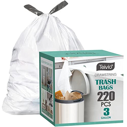 3 Gallon 220pcs Strong Drawstring Trash Bags Garbage Bags by Teivio, Bathroom Trash Can Bin Liners, Small Plastic Bags for home office kitchen, White - style: 220-3 Gallon