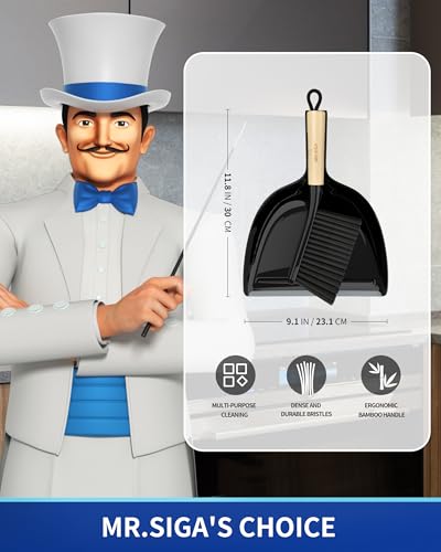 MR.SIGA Dustpan and Brush Set, Portable Cleaning Brush and Dustpan Combo with Bamboo Handle, Black, 1 Set - color: Black