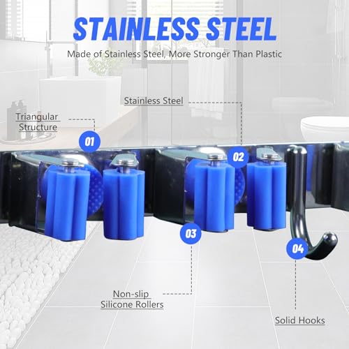 Tefola Broom Holder, Wall Mounted Organizer, Broom Mop Holder Tidy Organizer, Mop and Broom Holder Self Adhesive, Stainless Steel Broom Holder Wall Mounted for Brush Mop and Broom Tool Storage