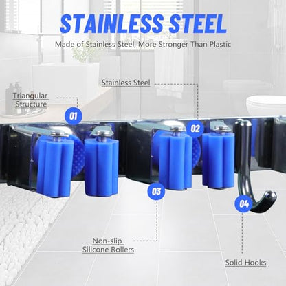 Tefola Broom Holder, Wall Mounted Organizer, Broom Mop Holder Tidy Organizer, Mop and Broom Holder Self Adhesive, Stainless Steel Broom Holder Wall Mounted for Brush Mop and Broom Tool Storage