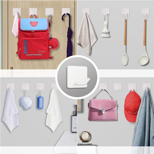 FOTYRIG Adhesive Towel Hooks Heavy Duty Stick on Towel Holder Wall Hangers Waterproof Stainless Steel Sticky Hooks for Hanging White Bathroom Kitchen Home-4 Packs - color: White