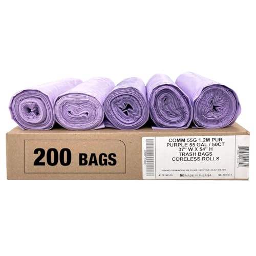Ultrasac Heavy Duty 55 Gallon Purple Trash Bags - (Value 200 Pack) - 1.5 MIL equivalent Industrial Strength Plastic 37" x 54" for 50-55 Gal Cans -Fits Toter, Rubbermaid Brute, Carlislie Bronco etc. - color: Purple, style: 50-55 Gal, 1.5 Mil Equiv, 200 Cou