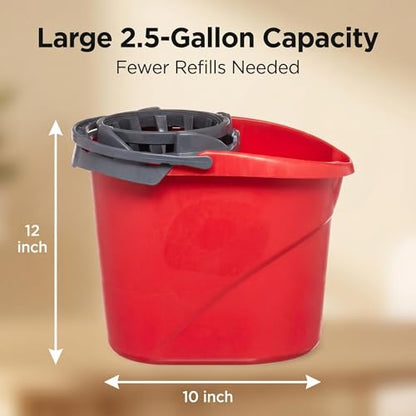 2.5 Gallon Mop Bucket with Built-in Wringer, Hands-Free Mop Bucket for Floor Cleaning, Compact Cleaning Bucket with Pour Spout and Comfort Grip Handle, Heavy-Duty Mop Wringer Bucket, Red