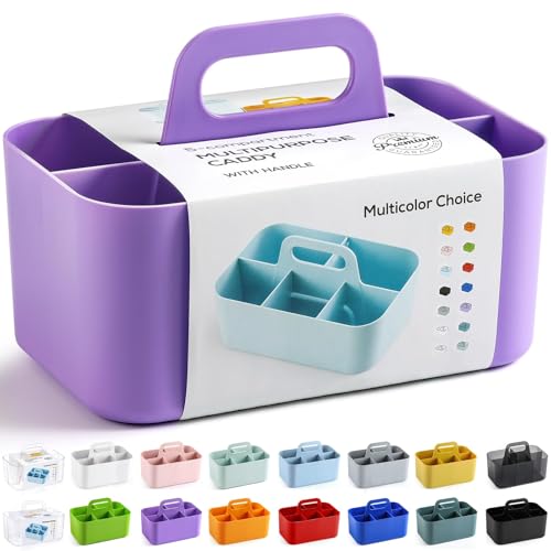 Multiuse Caddy Organizer with Handle, Portable Divided Plastic Tote Bin - Art Craft, Stationary Pen Marker Crayon, Makeup Hair Supplies Storage - Bathroom, Classroom, Dorm, Office, Desk Holder -Purple - color: Purple
