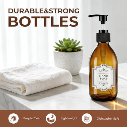 8 oz Amber Glass Soap Dispenser, 250ml Glass Pump Bottle for Body Lotion Massage Oil, Refillable Empty Hand and Dish Soap Dispensers Set with Labels - 3 Pack - color: Amber