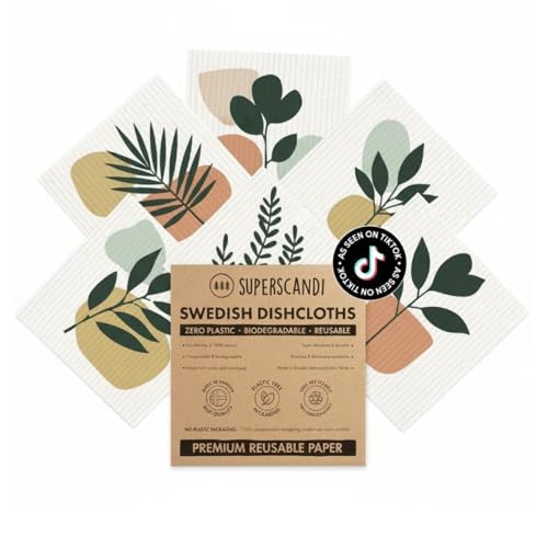 SUPERSCANDI 5 Pack Swedish Dishcloths for Kitchen - 100% Biodegradable & Compostable | Reusable Paper Towels Washable, Food-Safe & Without Plastic - Dish Rags Suitable for Any Surface | Botanic Print - color: Botanic Print
