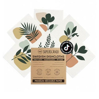 SUPERSCANDI 5 Pack Swedish Dishcloths for Kitchen - 100% Biodegradable & Compostable | Reusable Paper Towels Washable, Food-Safe & Without Plastic - Dish Rags Suitable for Any Surface | Botanic Print - color: Botanic Print