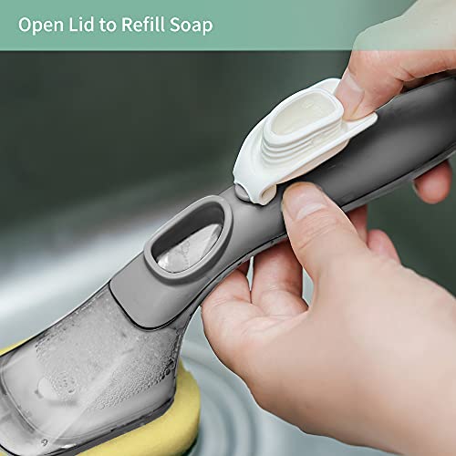 CQT Soap Dispensing Dish Brush Storage Set, Dish Scrubber with Handle, Kitchen Washing Brush for Pot Pan Sink Cleaning, Kitchen Brush with Holder and 1 Replaced Scouring Pad Head - color: Mintgreen