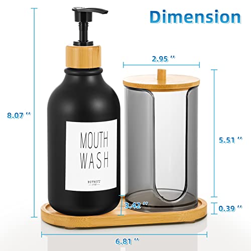 VITVITI Mouthwash Dispenser for Bathroom, Mouth Wash Pump Bottle with Paper Cup Holder, 17Oz Refillable Black Mouthwash Container with Bamboo Lid/Tray/Label - color: Black