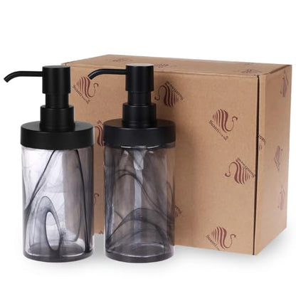 2 Pcs Lotion Dispenser,12.5 Oz Black Moire Wide Open Glass Hand Soap Dispenser for Bathroom & Kitchen, Dish Soap Dispenser with Easy-to-Press Pump and Waterproof Labels - color: Black002