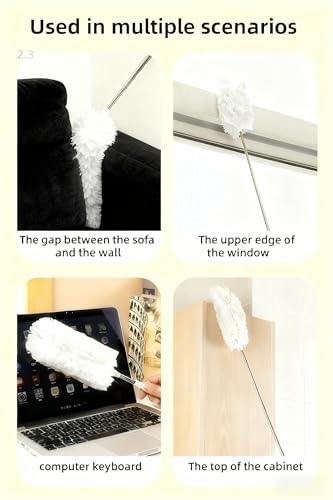 Heavy Duty Duster Refills, Disposable Dusters Kit for Cleaning Dusting Furniture Blind Ceiling Fan, Multi Surface 360 Feather Duster(10)+3FT Extended Handle（1） (White) - color: White