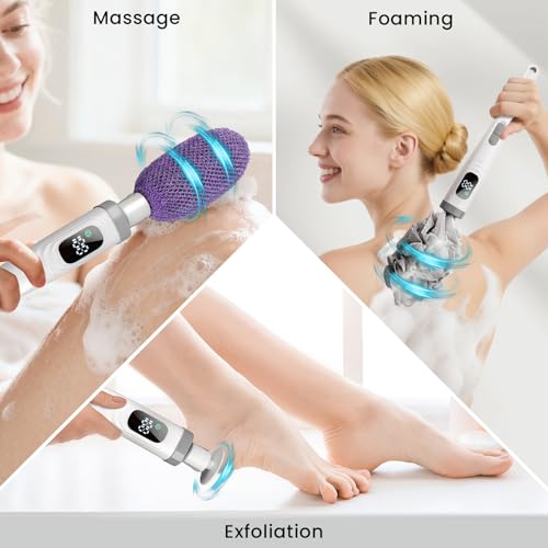WJX Electric Body Brush with Replaceable Heads – Rechargeable, Waterproof, 2-Speed Adjustable Back Scrubber for Shower (White) - color: White