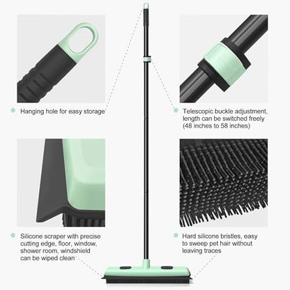 Upgraded Rubber Broom Pet Hair Remover with Squeegee Carpet Rake Fur Sweeper Small Detailing Lint Brush to Fluff Carpet Rug Tile Hardwood Floor