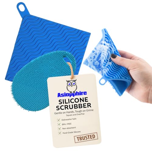 Silicone Dish Sponge Dish Scrubber (Oval and Square) - Dual-Sided, Food Grade Silicone Sponges for Dishes and Housecleaning 2-Pack - color: 2 Pack Teal + Blue
