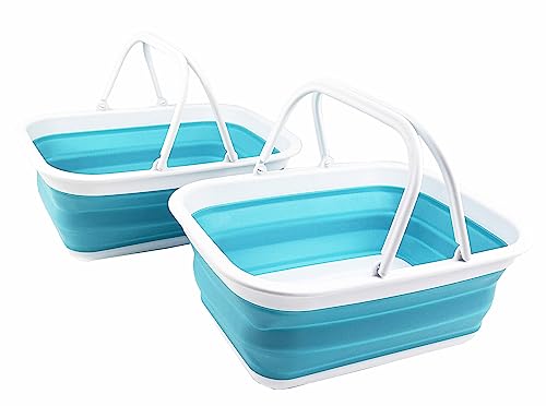 SAMMART 9.2L (2.37Gallon) Collapsible Tub with Handle - Portable Outdoor Picnic Basket/Crater - Foldable Shopping Bag - Space Saving Storage Container (2, White/Bright Blue) - color: White/Bright Blue