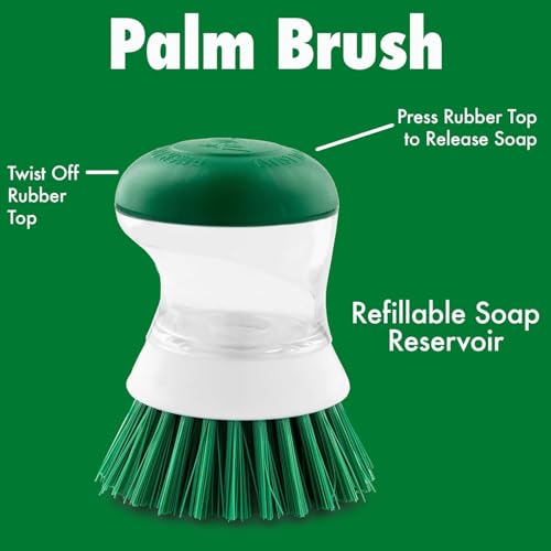 Soap Dispensing Palm Scrub Brush - Made in The USA - Heavy Duty Kitchen Dish Scrubber with Ergonomic Non-Slip Grip for Dishes, Pots, Pans, and Sink Cleaning
