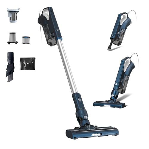 Corded Vacuum Cleaners For Home, 500W Powerful Suction With Dual HEPA Filters, LED Lights & 16.7ft Power Cord, One-Touch Release Dust Cup, Converts To Handheld Vacuum For Pet Hair Hard Floor (VA002) - color: Metallic Blue