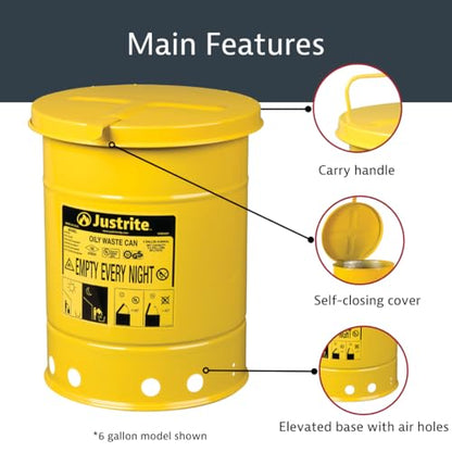 Justrite 6 Gallon Galvanized Steel Oily Waste Can, 16" x 12" Metal Oil Rag Safety Can with Hand Operated Self-Closing Lid for Oil Rag Disposal, Made in The USA, Yellow, 09111 - color: Yellow, size: 6 Gallon, style: Hand-Operated Lid