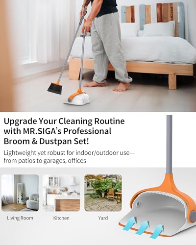 MR.SIGA Broom and Dustpan Set with Long Handle, Stand Upright Broom with Dustpan Combo for Cleaning Office, Garage, Lobby, Lightweight Sweeping Set, 51.7"(131 cm) Long Handle, White & Orange - color: White & Orange