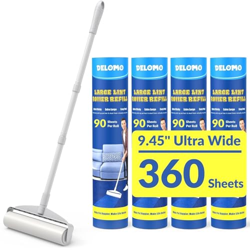Large Lint Rollers for Carpet: Sticky Rollers for Floor DELOMO 9.45 in with 3 Extendable Handle, Long Handle Sticky Mop for Cleaning Carpets, Cars, Bedding, Couches, and Pet Hair - for Pet Homes - size: A: 1 Roller + 4 Refills (Wide: 9.45 in)