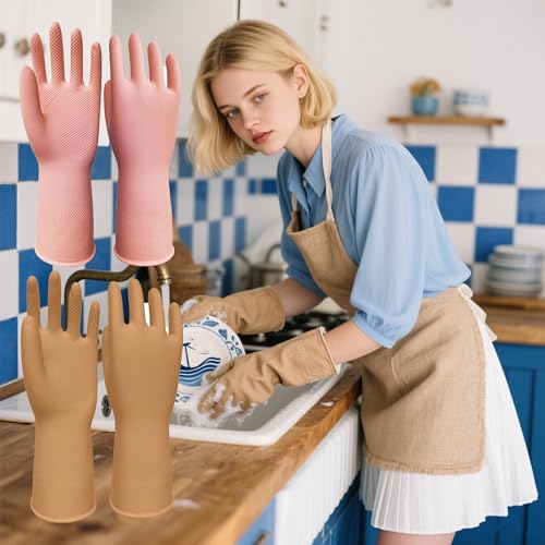 2/3 Pairs Universal Assorted Multi Latex Cleaning Rubber Gloves for Dishwashing, Kitchen, Bathroom, and Household Use, Waterproof, Non-Slip, Durable Reusable Gloves - color: Pink brown