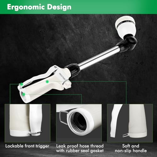 RESTMO Metal Watering Wand, Heavy Duty Garden Hose Wand with 180° Swivel Ratcheting Head, 16'' Hose Nozzle Sprayer with 7 Spray Patterns and Flow Control, for Water Hanging Baskets and Shrubs, White - color: White