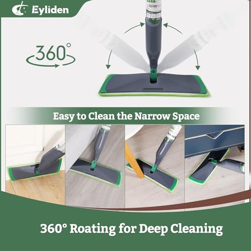 Eyliden Spray Mop with Bio-Enzyme Cleaner, Floor Mop for Hardwood, Tile & All Floors, Breaks Down Grease & Odors Naturally, 360° Swivel, 2 Washable Microfiber Pads, 4x10ml Concentrate Cleaner