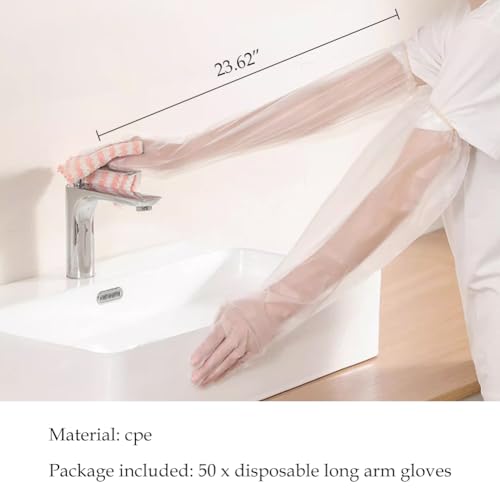 WAYUTO 50pcs Disposable Long Arm Gloves with Elastic Cuff 23.6inch Household Cleaning Thick Kitchen Dish Washing Gloves Food Handling Vegetable Washing