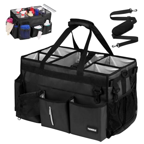 Extra Large Cleaning Caddy Bag with Built-In Support Board, Cleaning Tote Organizer with Removable Divider, Supply Carryall with Adjustable Shoulder Strap and Waist Belt for Cleaners & Housekeeper - color: Black, size: Extra-Large