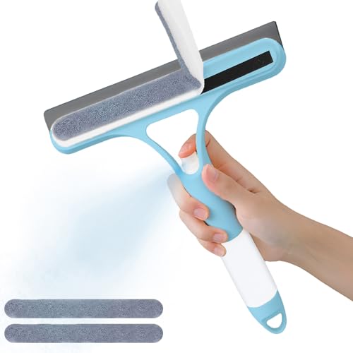 Pro 3 in 1 Window Cleaning Scraper with 2 Replaceable Cleaning Cotton Strips, 3 in 1 Spray Squeegee, Window Squeegee, Suitable for Cleaning Bathroom Glass, Mirrors, Car Windows (Blue) - color: Pro-blue