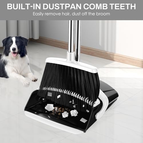 Broom and Dustpan Set for Home, 51-in Long Adjustable Handle Angle Broom and Dustpan Combo Set with Dust Pan Teeth to Clean Hair for Home Kitchen Office Lobby Floor Garden (Black&White) - color: Black White