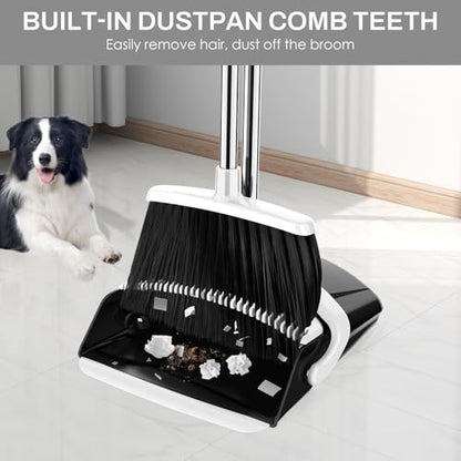 Broom and Dustpan Set for Home, 51-in Long Adjustable Handle Angle Broom and Dustpan Combo Set with Dust Pan Teeth to Clean Hair for Home Kitchen Office Lobby Floor Garden (Black&White) - color: Black White