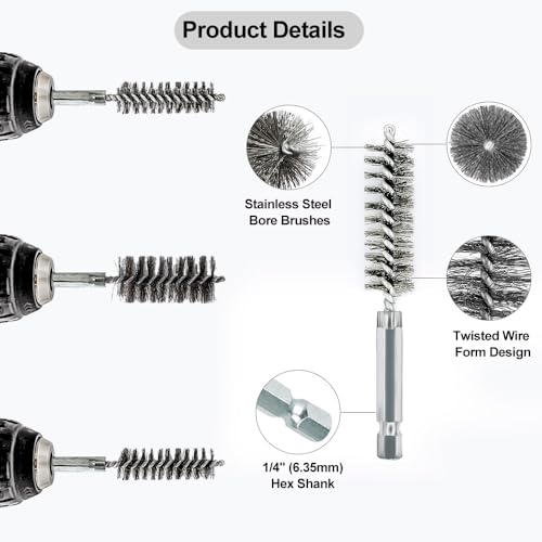 ASNOMY 5Pcs 1/2" Stainless Steel Bore Brush Set, Stainless Steel Bristles, Twisted Wire, 1/4" Hex Shank - style: 5Pcs 13mm | 1/2" Inch