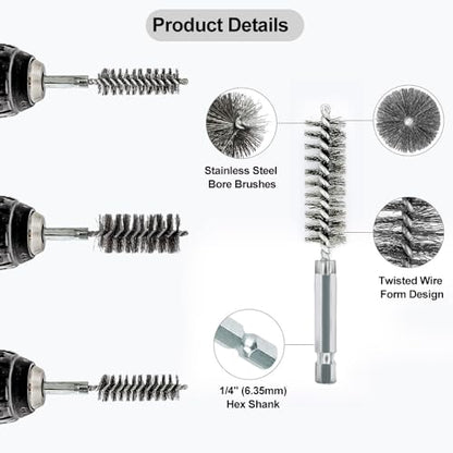 ASNOMY 5Pcs 5/16" Stainless Steel Bore Brush, Bristles Wire Brush Bore Cleaning Brush Set for Power Drill Cleaning, Abrasive Wire Brush Stainless Steel Brush with 1/4" Hex Shank - style: 5Pcs 8mm | 5/16" Inch
