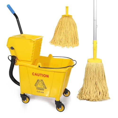 35-Quart Commercial Mop Bucket with Side Press Wringer on Wheels | Floor Cleaning , Including Commercial Mop and Mop Head Replacement,Yellow
