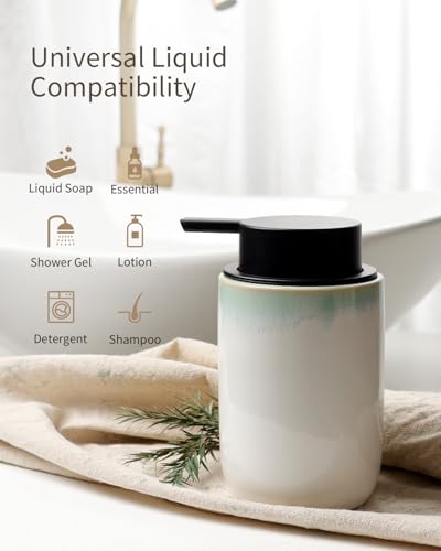 BosilunLife Hand Soap Dispenser - Foam Soap Dispenser Bathroom Ceramic Dish Liquid Soap Dispenser for Kitchen, Bathroom Countertop Soap Dispensers (White with Blue-Green Rim Foam Pump) - color: White With Blue-green Rim Foam Pump