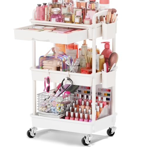Goovilla Rolling Makeup Organizer Cart with Removable Drawer, 3 Tier Stable White Floor Skincare Storage Cart for Vanity, Cosmetic Display, Nail Polish, Perfume, Hair Stuff, Beauty, Bathroom(Plastic) - color: White, size: 3 Tier