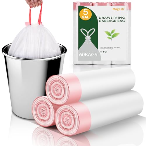 5 Gallon Trash Bags Drawstring White - 1.1 Mil Small Kitchen Garbage Bags 60 Count 18 Liter Recycling Unscented Wastebasket Plastic Bags Office Bathroom Liners Strong Thick Bulk Magesh - color: Drawstring-5Gal60