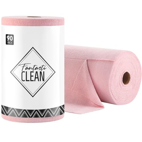 Fantasticlean Microfiber Cleaning Cloth Roll -90 Pack, Tear Away Microfiber Towels, 12" x 12", Reusable, Washable, Scratch Free, Ultra Absorbent Dishcloth for All-Around Cleaning Supplies (Pink) - color: Pink, size: 90 pack