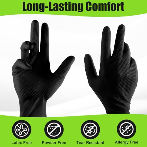TREEGO 10 Mil Black Nitrile Gloves Heavy Duty — Raised Diamond Texture Grip, Latex Free Disposable Mechanic Work Gloves, Large, 100 Count - color: Black 100, size: Large