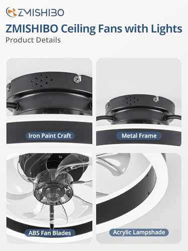ZMISHIBO Low Profile Ceiling Fans with Lights and Remote, 13 Inch Fandelier Ceiling Fan with Light, Black Modern Flush Mount Ceiling Fan, Small Dimmable LED Fan Lights for Bedroom - color: Black, size: 13 INCH