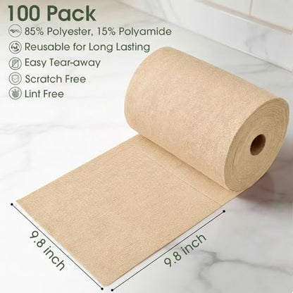 Microfiber Cleaning Cloth Roll - 100 Pack Tear Away Microfiber Paper Towels, Reusable, Washable, Scratch-Free, Kitchen Towels for Car, Home, Kitchen, Glass, Dishes (Wheat Beige) - color: Wheat Beige