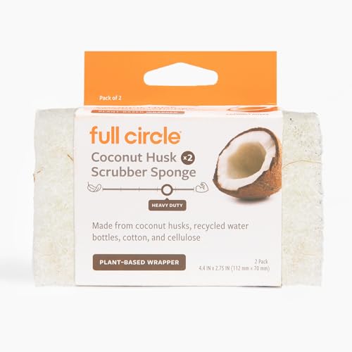 Full Circle Coconut Scrubber Sponges, Pack of 2 – Dual-Sided, Plant-Based Sponges Made with Coconut Shells, Cellulose & Recycled Materials, Safe for Nonstick Cookware - size: Coconut Sponge 2pk