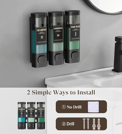 Luxspire Shampoo and Conditioner Dispenser, No Drill Wall Mounted Shower Soap Dispenser 3 Chamber with Waterproof Labels, Easy Refill Soap Dispenser for Bathroom Hotel Kitchen, Black - color: Black, size: 3 Chamber