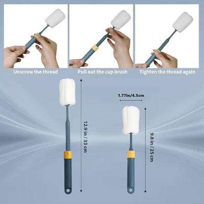 Sponge Bottle Brushes Adjustable Long Handle Up to 12.9” High Density Foam Bottle Brush Head Hanging Design with 4 Traceless Hooks– Bottle Brush Cleaner for Water Bottle & More (2 Pack)
