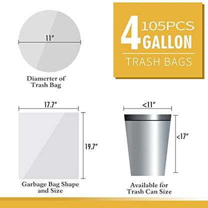105 Count Small Trash Bags, 4 Gallon Garbage Can Liners - Unscented Wastebasket Clear Trash Bags for Bathroom, Kitchen, Bedroom, Cleaning Supplies (15 Liter) - size: 1 Count (Pack of 105), style: 4 Gallon
