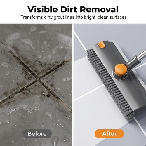 Floor Scrub Brush, Grout Cleaner with Long Handle, V-Shaped Grout Cleaner for Deep Cleaning, Deck Crevice Scrubbing Tool, Adjustable Handle, Multi-Surface Cleaning Brush (Black) - color: Black