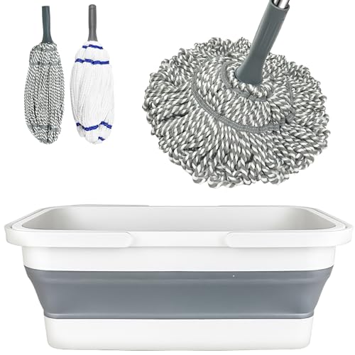 Self Wringing Mop with Bucket- Easy Squeeze Twist Mop with 52.5 Inch Long Handle, Heavy Duty for Hardwood, Tile, Vinyl & Laminate Floors (Gray+White) - color: Gray+white